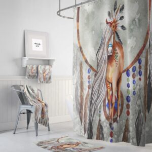 Horse Shower Curtain, Boho Southwest, Gray Watercolor, Optional Bath Mat, Bath Towels