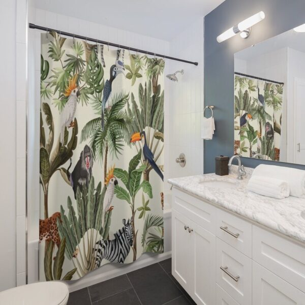Jungle Shower Curtain, Animal Art Print Exotic Animal, Bathroom Decor Design, Zebra Monkey Animals, Housewarming Gift