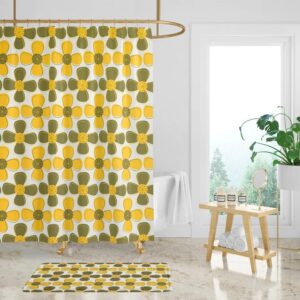 Mid Century Floral Shower Curtain, Avocado Green Mid Century Modern Yellow, Retro Shower Curtain