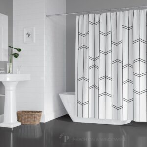 Minimal Stripe and Chevron Shower Curtain, Modern Black and White Bath Curtain, Light and Neutral Farmhouse Bathroom Decor