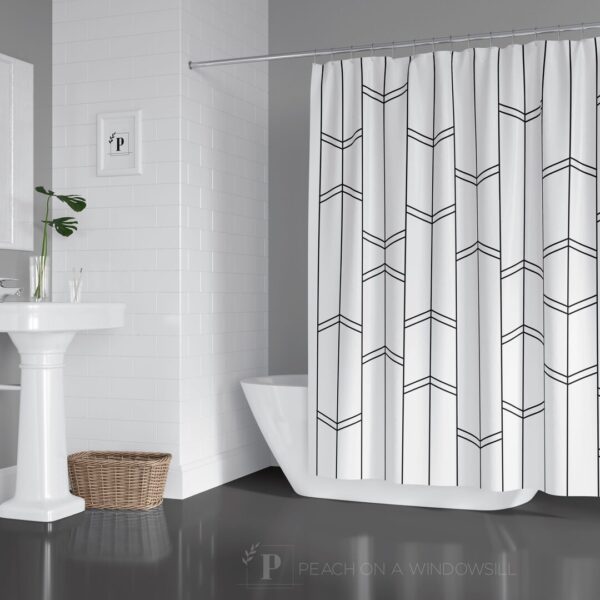 Minimal Stripe and Chevron Shower Curtain, Modern Black and White Bath Curtain, Light and Neutral Farmhouse Bathroom Decor