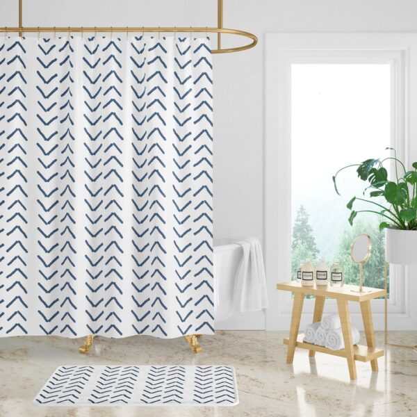Navy Blue White Mudcloth Print Shower Curtain, Minimalist Bath Curtain, Modern Bathroom Decor
