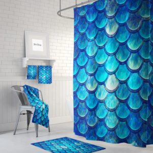 Ocean Blue Mermaid Scales Shower Curtain Optional Bath, Bath Towels Mat Bathroom Set