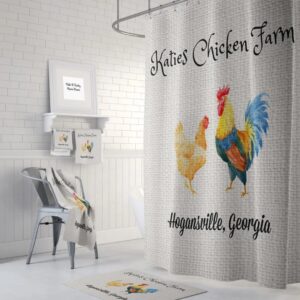 Personalized Chicken Farm Shower Curtain Farmhouse Chic Faux Burlap Optional Bath Mat