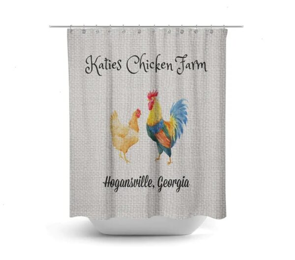 Personalized Chicken Farm Shower Curtain Farmhouse Chic Faux Burlap Optional Bath Mat