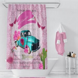 Personalized Retro Shower Curtain, Boho Shower Curtain, Old Truck Shower Curtain, Pink Shower Curtain