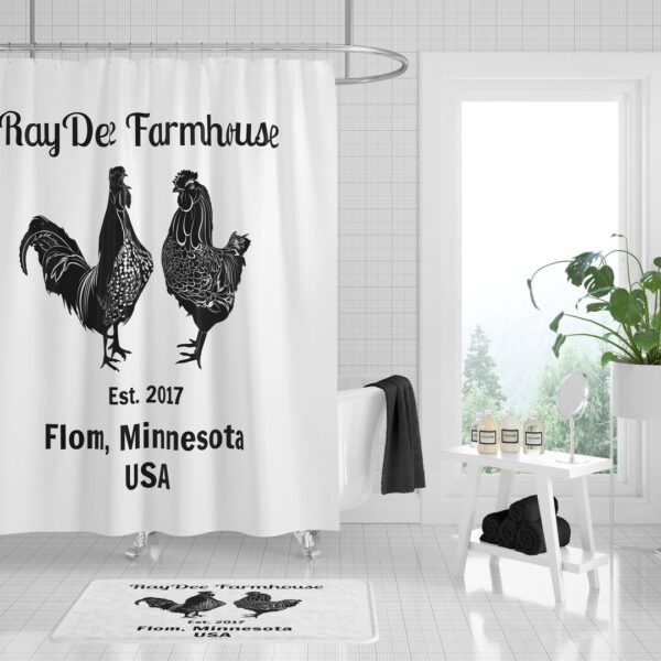 Personalized Rooster Chicken Poultry Farm Shower Curtain Farmhouse Chic Black and White Optional Bath Mat Set