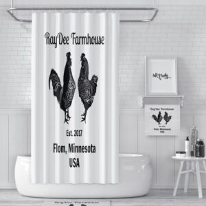 Personalized Rooster Chicken Poultry Farm Shower Curtain Farmhouse Chic Black and White Optional Bath Mat Set