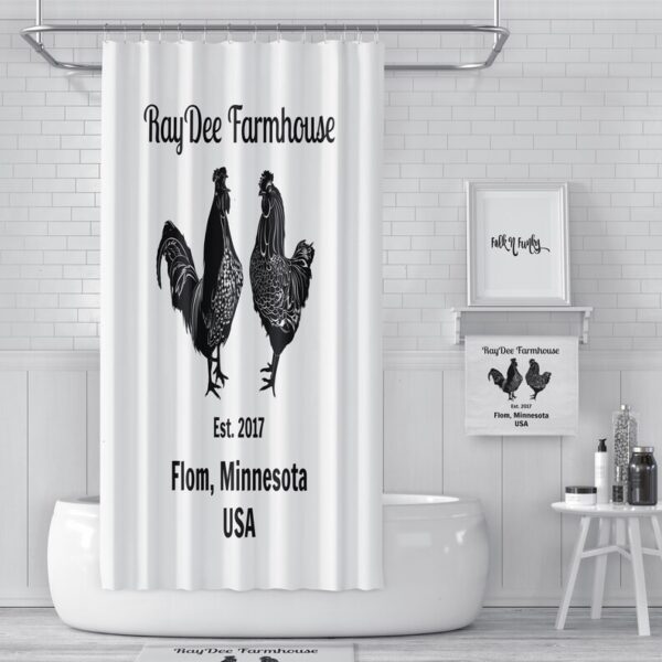Personalized Rooster Chicken Poultry Farm Shower Curtain Farmhouse Chic Black and White Optional Bath Mat Set