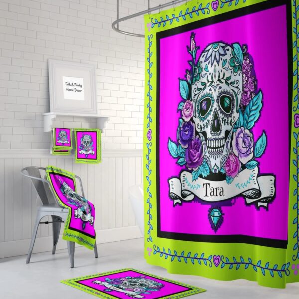 Personalized Shower Curtain Sugar Skulls Optional Bath Mat Bathroom Set Pink Yellow Diamond Roses