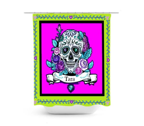 Personalized Shower Curtain Sugar Skulls Optional Bath Mat Bathroom Set Pink Yellow Diamond Roses