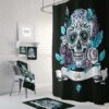 Personalized Sugar Skull Shower Curtain, Bath Mat, Bath Towels, Black, Teal, Diamonds, Skull Bathroom Decor