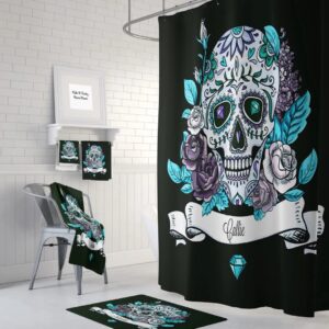 Personalized Sugar Skull Shower Curtain, Bath Mat, Bath Towels, Black, Teal, Diamonds, Skull Bathroom Decor