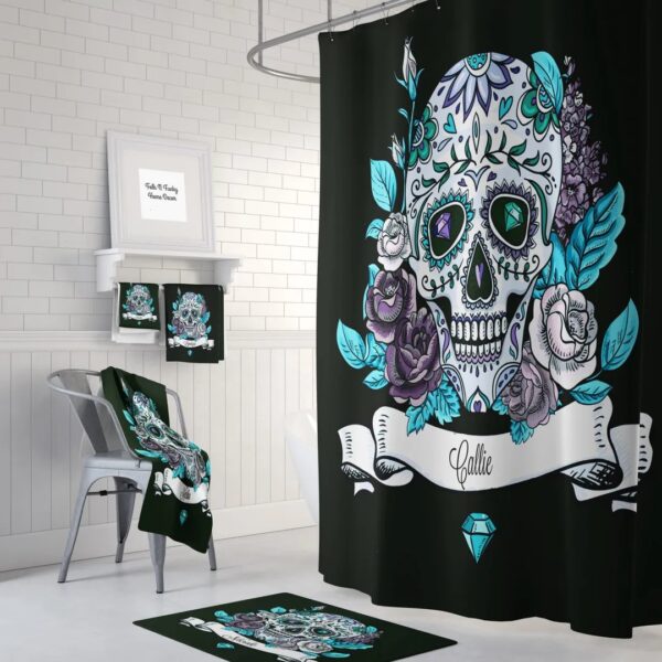 Personalized Sugar Skull Shower Curtain, Bath Mat, Bath Towels, Black, Teal, Diamonds, Skull Bathroom Decor