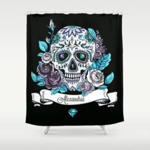 Personalized Sugar Skull Shower Curtain, Bath Mat, Bath Towels, Black, Teal, Diamonds, Skull Bathroom Decor
