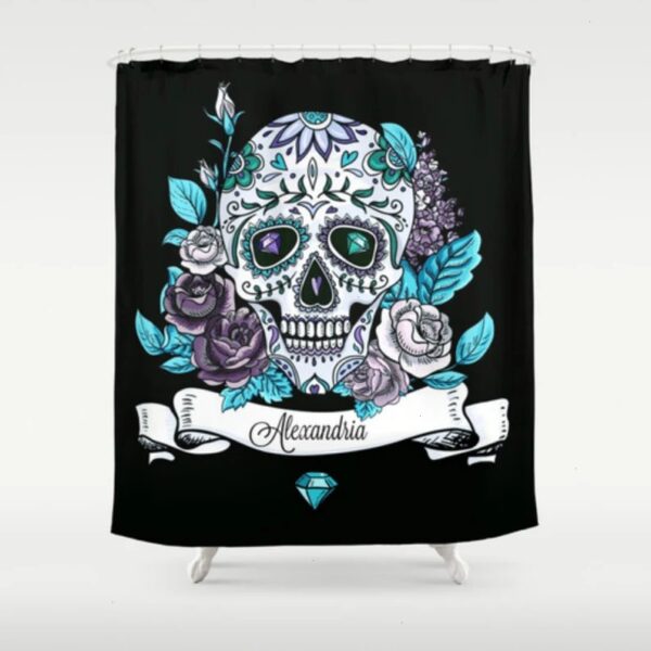 Personalized Sugar Skull Shower Curtain, Bath Mat, Bath Towels, Black, Teal, Diamonds, Skull Bathroom Decor