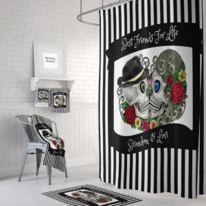 Personalized Sugar Skull Shower Curtain, Kissing Skulls, Day Of The Dead Bathroom Decor