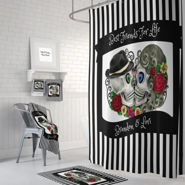 Personalized Sugar Skull Shower Curtain, Kissing Skulls, Day Of The Dead Bathroom Decor