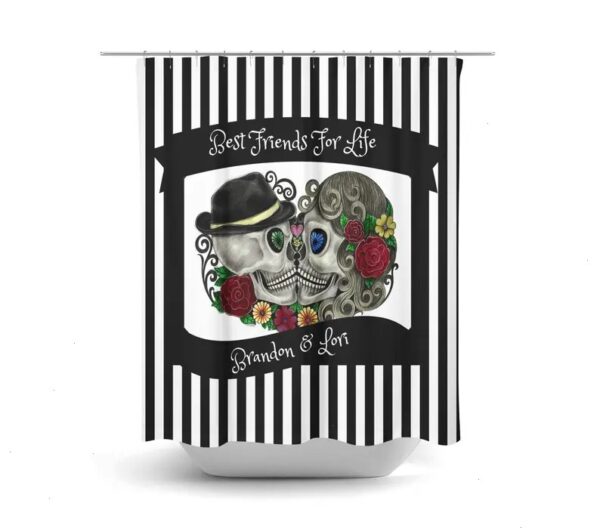 Personalized Sugar Skull Shower Curtain, Kissing Skulls, Day Of The Dead Bathroom Decor