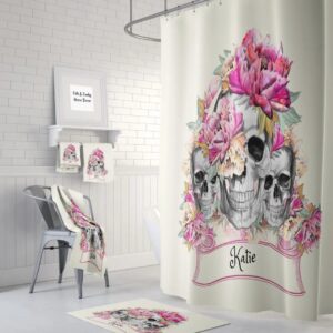 Personalized Sugar Skull Shower Curtain, Pink Floral, Optional Bath Mat Bathroom Set