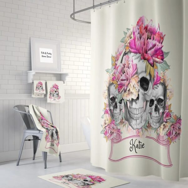 Personalized Sugar Skull Shower Curtain, Pink Floral, Optional Bath Mat Bathroom Set