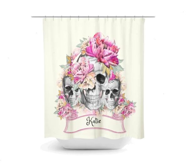Personalized Sugar Skull Shower Curtain, Pink Floral, Optional Bath Mat Bathroom Set