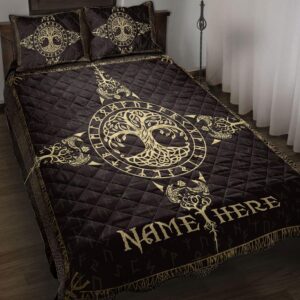 Personalized Viking Quilt Bed Set, Vegvisir Viking Yggdrasil Tree of Life Quilt Blanket & Pillowcases, Viking Quilt Bedding Set Blanket, Viking Quilt For Bedroom, Gifts for Viking Lover