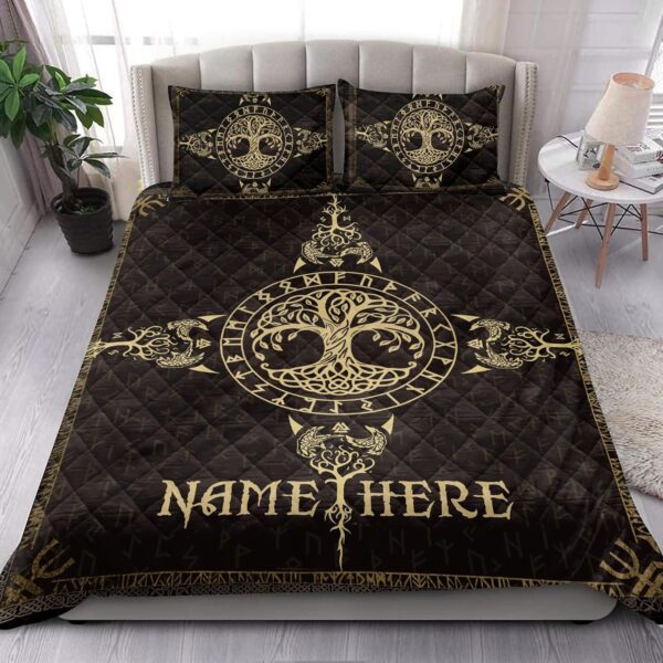 Personalized Viking Quilt Bed Set, Vegvisir Viking Yggdrasil Tree of Life Quilt Blanket & Pillowcases, Viking Quilt Bedding Set Blanket, Viking Quilt For Bedroom, Gifts for Viking Lover