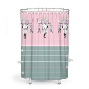 Pink Green Boho Bull Skull Shower Curtain Optional Bath Mat, Bath Towels, Bathroom Set
