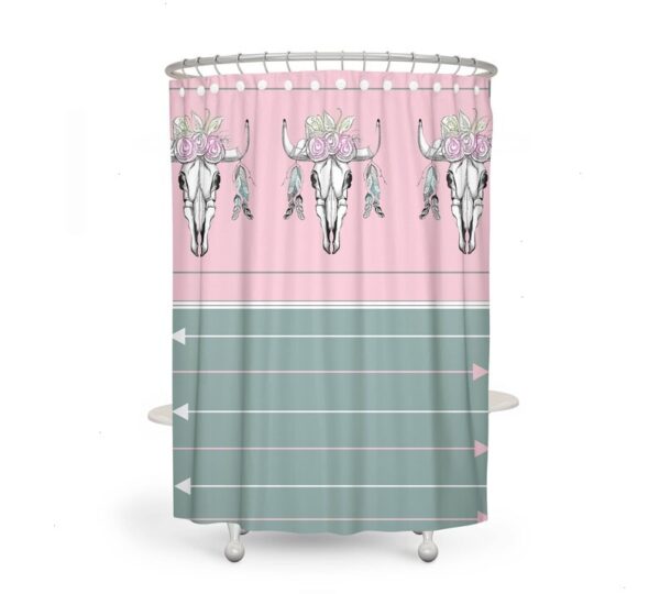 Pink Green Boho Bull Skull Shower Curtain Optional Bath Mat, Bath Towels, Bathroom Set