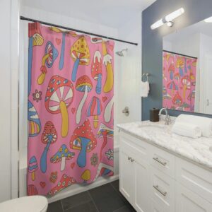 Pink Mushroom Shower Curtain, Shower Curtain Boho, Retro Shower Curtain, Boho Shower curtain, Woodland Shower Curtain