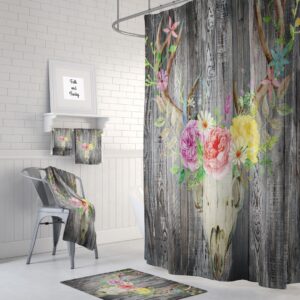 Primitive Rustic Shower Curtain Faux Wood Deer Skull Floral, Optional Bath Mat, Bath Towels