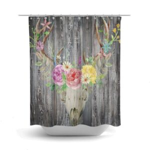Primitive Rustic Shower Curtain Faux Wood Deer Skull Floral, Optional Bath Mat, Bath Towels