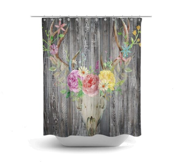Primitive Rustic Shower Curtain Faux Wood Deer Skull Floral, Optional Bath Mat, Bath Towels