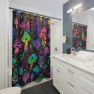 Psychedelic Magic Glowing Mushrooms Shower Curtain, Mushroom Shower Curtain, Midcentury Modern Shower Curtain