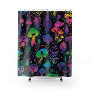 Psychedelic Magic Glowing Mushrooms Shower Curtain, Mushroom Shower Curtain, Midcentury Modern Shower Curtain