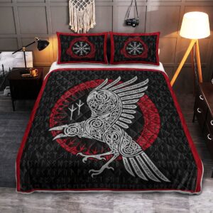 Raven And Rune Quilt Bed Set, Viking Quilt Bedding Set Throw, Twin, Queen, King Size, Viking Quilt Bedding Set Blanket, Viking Quilt For Bedroom, Gifts for Viking Lover