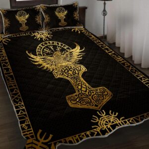 Raven Mjolnir Viking Quilt Set Throw, Twin, Queen, King Size, Viking Quilt Bedding Set Blanket, Viking Quilt For Bedroom, Gifts for Viking Lover