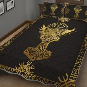 Raven Mjolnir Viking Quilt Set Throw, Twin, Queen, King Size, Viking Quilt Bedding Set Blanket, Viking Quilt For Bedroom, Gifts for Viking Lover