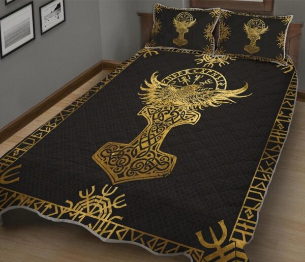 Raven Mjolnir Viking Quilt Set Throw, Twin, Queen, King Size, Viking Quilt Bedding Set Blanket, Viking Quilt For Bedroom, Gifts for Viking Lover