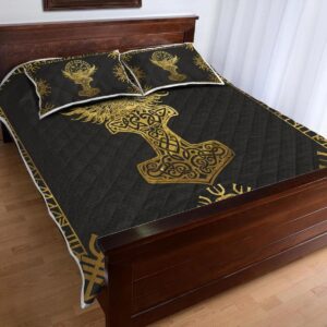 Raven Mjolnir Viking Quilt Set Throw, Twin, Queen, King Size, Viking Quilt Bedding Set Blanket, Viking Quilt For Bedroom, Gifts for Viking Lover