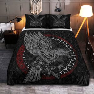 Raven Rune Quilt Bed Set, Viking Quilt Bedding Set Throw, Twin, Queen, King Size, Viking Quilt Bedding Set Blanket, Viking Quilt For Bedroom, Gifts for Viking Lover