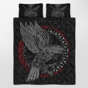 Raven Rune Quilt Bed Set, Viking Quilt Bedding Set Throw, Twin, Queen, King Size, Viking Quilt Bedding Set Blanket, Viking Quilt For Bedroom, Gifts for Viking Lover