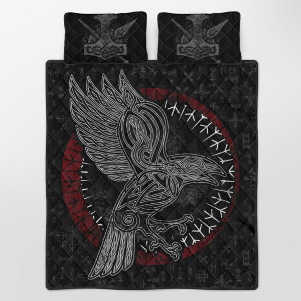 Raven Rune Quilt Bed Set, Viking Quilt Bedding Set Throw, Twin, Queen, King Size, Viking Quilt Bedding Set Blanket, Viking Quilt For Bedroom, Gifts for Viking Lover