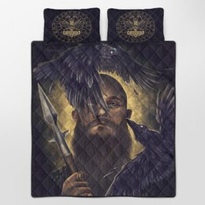 Raven & Spear Quilt Bed Set – Viking Quilt Bedding Set Throw, Twin, Queen, King Size, Viking Quilt Bedding Set Blanket, Viking Quilt For Bedroom, Gifts for Viking Lover