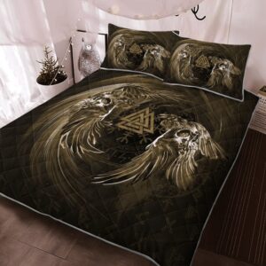 Raven Valknut Viking Quilt Bedding Set, Viking Bed Set Throw, Twin, Queen, King Size, Viking Quilt Bedding Set Blanket, Viking Quilt For Bedroom, Gifts for Viking Lover