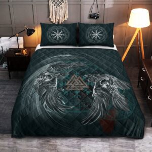 Raven & ValknutQ uilt Bed Set, Viking Quilt Bedding Set Throw, Twin, Queen, King Size, Viking Quilt Bedding Set Blanket, Viking Quilt For Bedroom, Gifts for Viking Lover