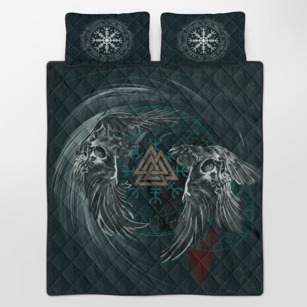 Raven & ValknutQ uilt Bed Set, Viking Quilt Bedding Set Throw, Twin, Queen, King Size, Viking Quilt Bedding Set Blanket, Viking Quilt For Bedroom, Gifts for Viking Lover