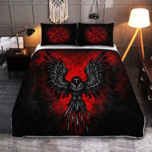 Raven Vegvisir Quilt Bed Set, Viking Quilt Bedding Set Throw, Twin, Queen, King Size, Viking Quilt Bedding Set Blanket, Viking Quilt For Bedroom, Gifts for Viking Lover