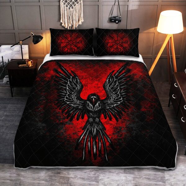 Raven Vegvisir Quilt Bed Set, Viking Quilt Bedding Set Throw, Twin, Queen, King Size, Viking Quilt Bedding Set Blanket, Viking Quilt For Bedroom, Gifts for Viking Lover